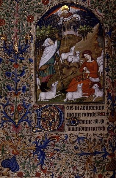 Ángel aparece a un pastor, una mujer sentada haciendo una guirnalda, de un Libro de Horas, c.1460 de French School