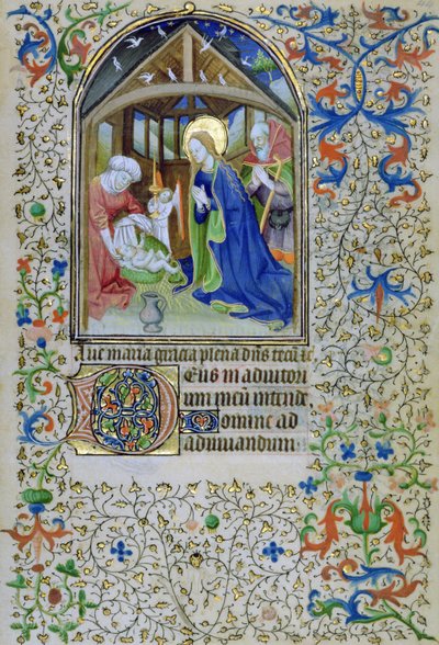 La Virgen y José adoran al recién nacido Cristo, de un Libro de Horas, Amiens de French School