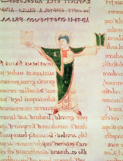 Ms 67 fol.188 Letra historiada T del Comentario a las Epístolas de San Pablo de French School