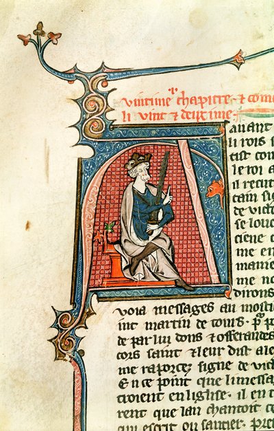Inicial historiada A que representa a un rey sentado con una espada de doble filo de French School