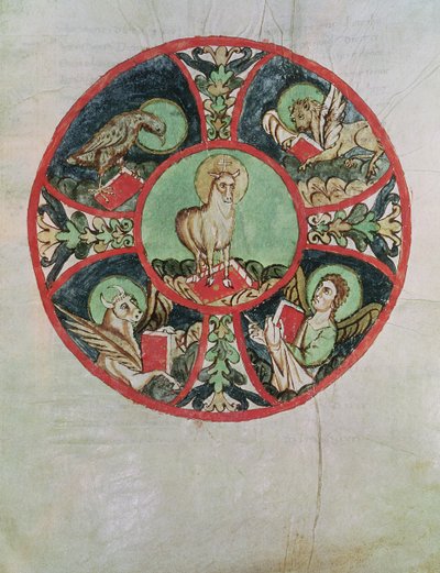 Ms. 69 fol.138v El Cordero de Dios rodeado por los Símbolos de los Evangelistas de French School