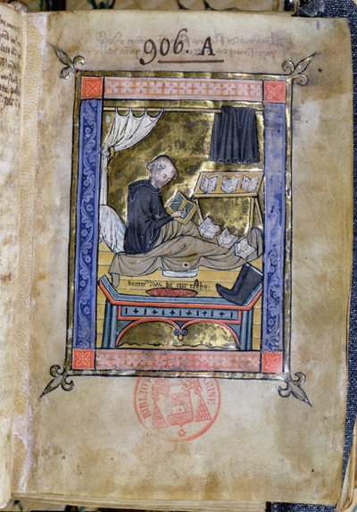 Monje escribiendo en su cama, de Flores Bernardi por Guillaume de Tournai de French School