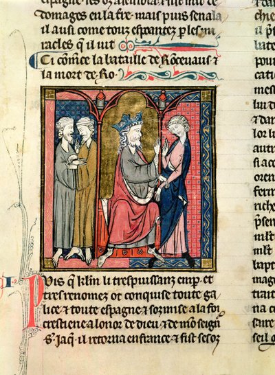 Ms 782 f.152r Carlomagno (742-814) enviando a Ganelon a los Reyes de Zaragoza, Marsile y Baligant, de las Chroniques de Saint-Denis, c.1275 de French School