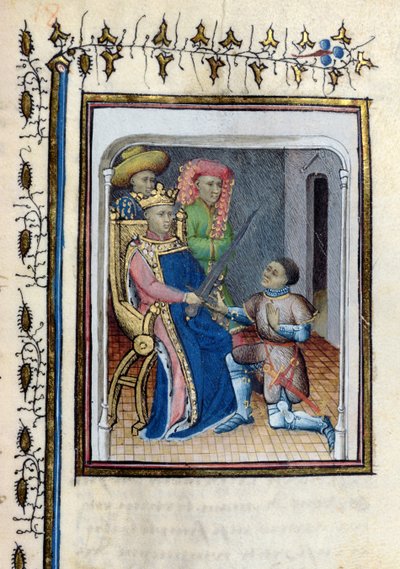 Ms 814 Carlos V (1338-80) devuelve la Espada del Alto Condestable a Bertrand du Guesclin (c.1320-80) de la Histoire de Du Guesclin después del poema de Cuvelier, principios del siglo XV de French School