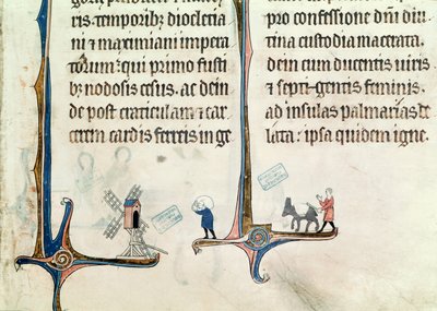 Un hombre conduciendo su burro cargado de sacos de trigo a un molino de viento, del Obituaire de Notre Dame de Pres, después de 1270 de French School