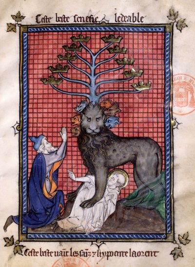 Ms 870 Fol.8 La bestia de siete cabezas del Apocalipsis venerada por un hipócrita y aplastando a un santo, de La Somme le Roy por Frere Laurent, iluminado por Maitre Honore de French School