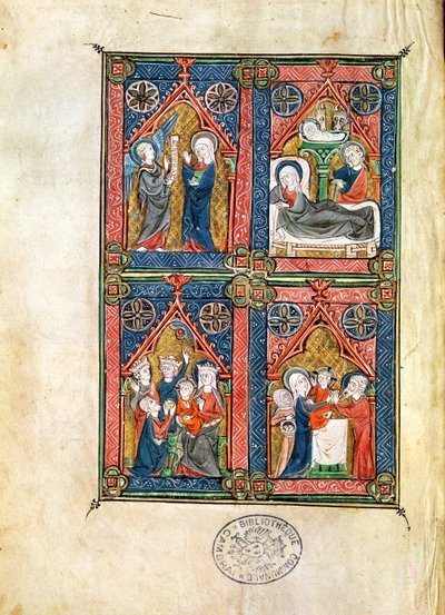 Ms 87 fol.16 La Anunciación, la Natividad, la Adoración de los Magos y la Purificación, de las Horas de Mahaut d