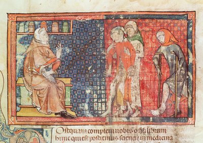 Un hombre enfermo y un hombre lisiado presentados a un doctor, de un tratado de Abul Qasim Kalaf ibn al-Abbas al Zahrawi (Albucasis) de French School