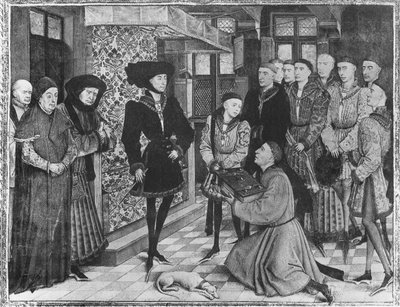 Ms 9242 Crónicas de Hainaut, Felipe el Bueno, Duque de Borgoña, presentado con la traducción de las Crónicas por Jean Vauquelin, Carlos el Temerario como niño a su izquierda de French School