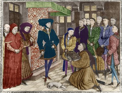 Ms 9242 Crónicas de Hainaut, Felipe el Bueno, Duque de Borgoña, presentado con la traducción de las Crónicas por Jean Vauquelin, Carlos el Temerario como niño a su izquierda de French School