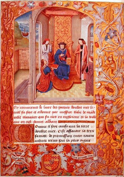 Ms 95 Fol.1 El Autor ofreciendo su libro al Duque de Borgoña, de los Armoriales de Adolphe de Cleves, principios del siglo XV de French School