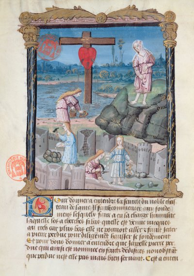 Ms 978 fol.31 La construcción del castillo, ilustración de un tratado espiritual para uso de laicos por Gabrielle de Bourbon de French School
