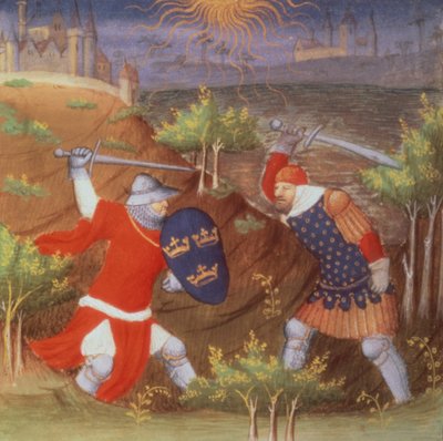 El rey Arturo lucha contra un general romano, de un manuscrito de Historias, por el Maestro de Boucicaut de French School