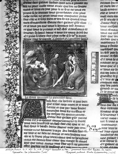 Ms Fr 118 fol.219v Cómo Lancelot besó a Ginebra por primera vez, del Livre de Messire Lancelot du Lac de French School