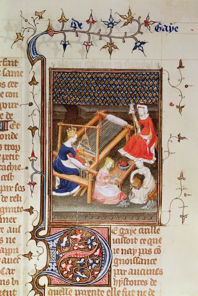 Tanaquil tejiendo, de `De Claris Mulieribus, de las Obras de Giovanni Boccaccio, 1402 de French School