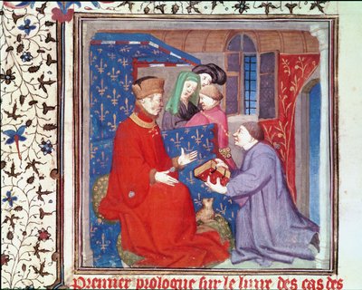 Jean, Duque de Berry, recibiendo un manuscrito de Boccaccio, de Cas des Nobles Hommes et Femmes de Giovanni Bocaccio de French School