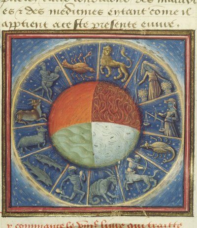 Ms Fr 135 Fol.285 Los cuatro elementos de la Tierra con los doce signos del zodiaco, de Des Proprietez des Choses por Barthelemy l
