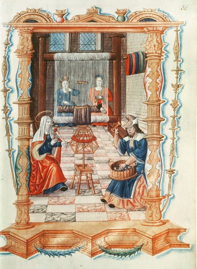 La Virgen María tejiendo en un taller, de Chants royaux sur la Conception couronnee du Puy de Rouen de French School