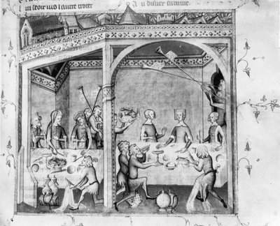 Ms Fr 1584 Músicos entreteniendo en un banquete, c.1370 de French School