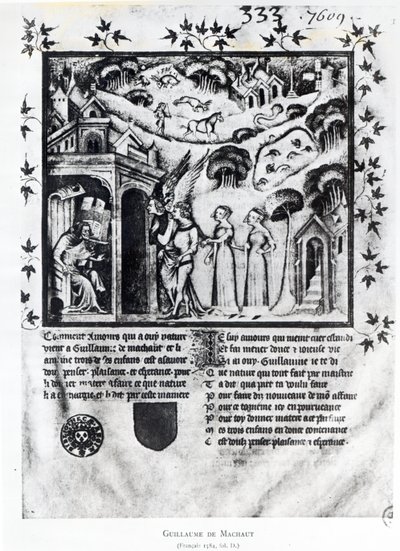 Ms Fr 1584 f.D El autor recibiendo a Amor que le trae Dulces Pensamientos, Placer y Esperanza, c.1370 de French School