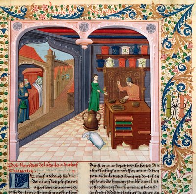 Ms Fr 218 fol.111 Un paciente en su cama y un boticario preparando medicina, de Le Livre des Proprietes des Choses por Barthelemy l