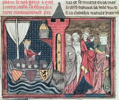 Balduino I cruzando el río Jordán y renunciando a su esposa, de Le Roman de Godefroi de Bouillon, 1337 de French School