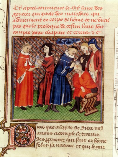 Ms Fr 22531 Fol.115 El examen de orina y la curación de heridas, de Le Livre des Proprietes des Choses por Barthelemy l