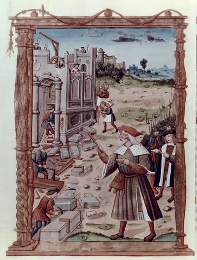 Ms Fr 2820 fol.115v Carlomagno (742-814) dirigiendo la construcción de Aquisgrán, de Recueil Sommaire des Chroniques Francaises por Guillaume Cretin (1460-1525) de French School