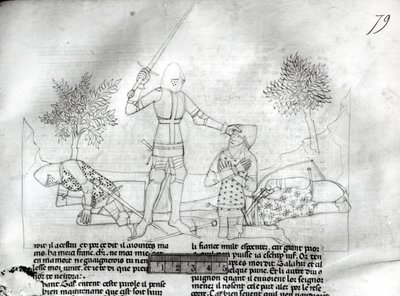 Ms Fr 343 f.79 Armando a un caballero en un campo de batalla, de Lancelot du Lac de French School