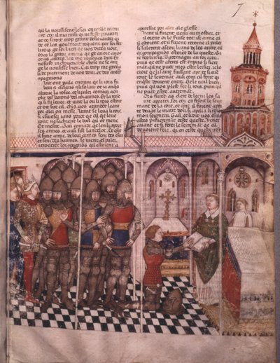 Ms Fr 343 fol. 7 La búsqueda del Santo Grial y la muerte de Arturo, caballero tomando el juramento de French School