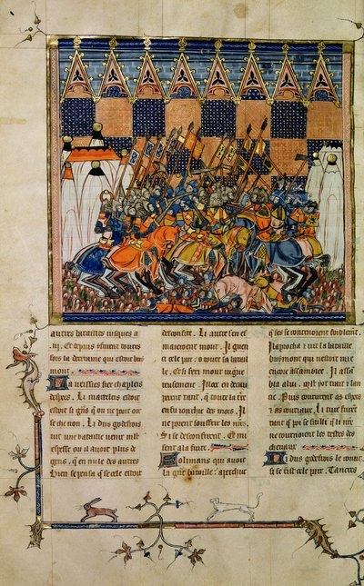 Ms Fr. 352 fol. 49v Escena de batalla, de la biografía de Godofredo de Bouillon, Una Historia de los Santos Occidentales de French School