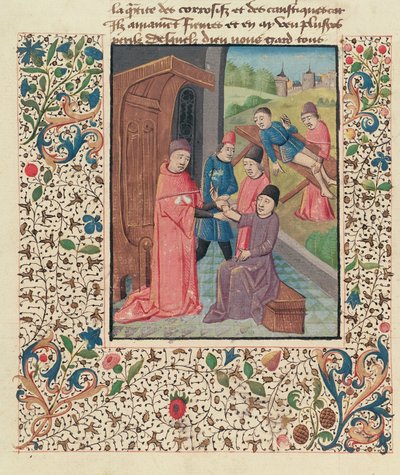 Ms Fr 396 fol.80v Un doctor tratando fracturas, de La Grande Chirurgie por Guy de Chauliac de French School