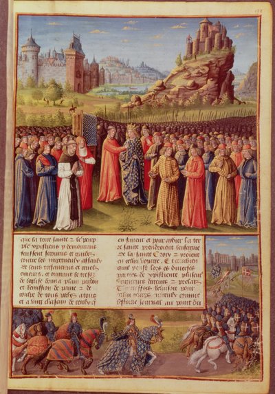 Ms Fr 5594 f.138 San Bernardo (c.1090-1153) de Claraval predicando la Segunda Cruzada en presencia del Rey Luis VII (c.1120-80) de Francia en Vézelay en 1146, de Passages faits Outremer de French School