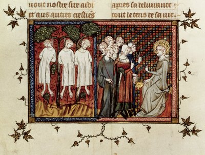 San Luis pronunciando juicio y condenando a Enguerrand de Coucy (1228-1311) por colgar a tres jóvenes nobles, de Vida y Milagros de San Luis, c.1330-40 de French School