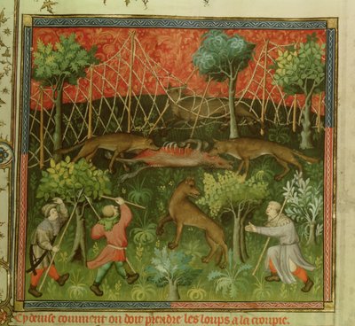 Ms Fr 616 fol.111 Caza de lobos con la ayuda de redes, del Livre de la Chasse por Gaston Phebus de Foix (1331-91) de French School