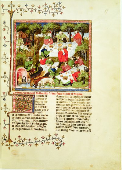 Cazadores festejando antes de la caza del ciervo, del Livre de la Chasse por Gaston Phebus de Foix (1331-1391) de French School