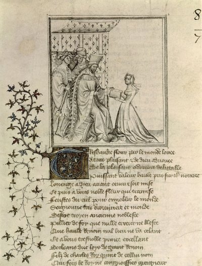 Christine de Pisan presenta su obra a Luis, duque de Orleans, de la Carta de Othea a Héctor por Christine de Pisan, c.1405 de French School
