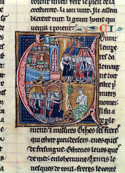 Ms Fr 9081 fol.206 Inicial historiada C que representa a Conrado III (1137-52) Emperador de Alemania y Luis VII (1120-80) Rey de Francia, sitiando Damasco en 1148, de Histoire de Jerusalem por William of de French School