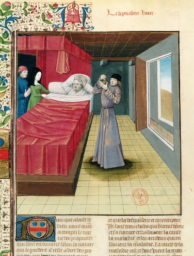 Un doctor realizando un análisis de orina, de Livre des Proprietes des Choses por Barthelemy l