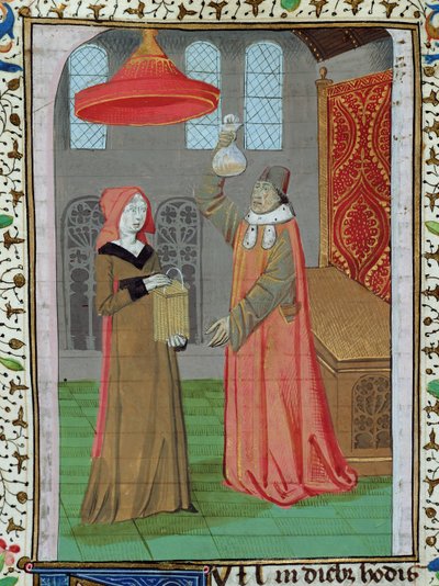 Un doctor examinando la orina de Santa Isabel para ver si está embarazada, de la Biblia de Juan XXII de French School