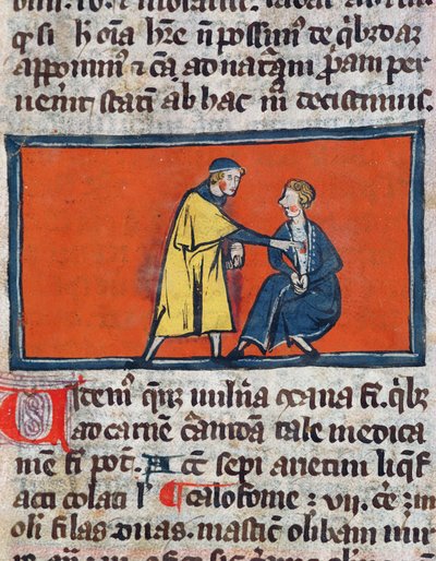 Ms H 89 Un doctor aplicando ungüento en la herida de un paciente, de una edición del Libro de Cirugía por Rogier de Salerne de French School