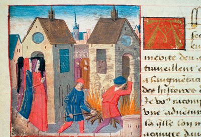 Ms Hunter 252 f.75v Quemando una casa, de Les Cent Nouvelles Nouvelles, 1462 de French School