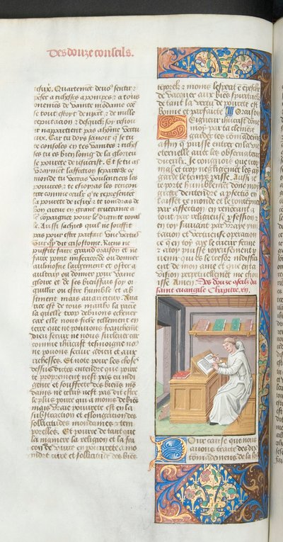 Ms Hunter 36-39, vol.3 fol.47v Un monje cartujo en blanco escribiendo un manuscrito, ilustración de Vita Christi por Ludolf de Sajonia, c.1490 de French School