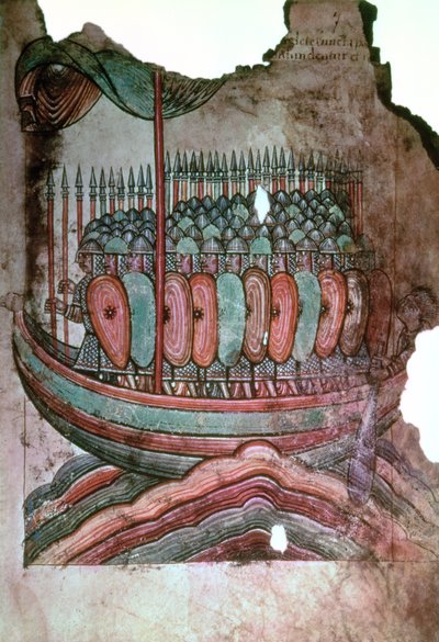 Ms Lat 1390 fol.7 Soldados normandos cruzando el canal de la Mancha, de La Vie de Saint Aubin d