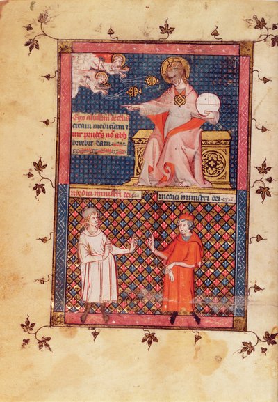 Ms Lat 14023 fol.1v Dios creando medicina y dando conocimiento a los doctores, del Canon de Medicina por Avicena (Ibn Sina) (980-1037) traducido por Gerard de Cremone (1114087) c.1320 de French School