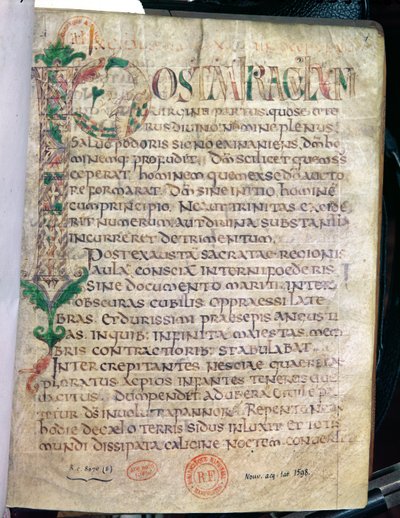 Inicial historiada zoomórfica P, de una obra de San Agustín de French School