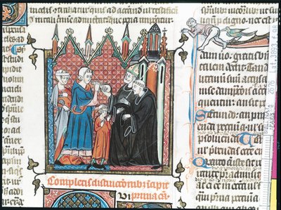 Padres ofreciendo dinero a un obispo para llevar a su hijo a la abadía, 1314 de French School