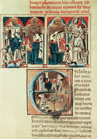 Ms Lat. 6912 fol.1v Un erudito judío presentando una traducción de un tratado árabe a Felipe de Anjou de French School