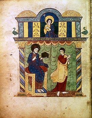 Ms Lat 8878 fol.1v Jesús presentando el evangelio a San Mateo, de un Comentario sobre el Apocalipsis por el monje asturiano Beato de Liébana (c.776) c.1028-72 de French School