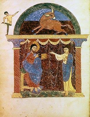 Ms Lat 8878 fol.3v Jesús presentando el evangelio a San Lucas, de un Comentario sobre el Apocalipsis por el monje asturiano Beato de Liébana (c.776) c.1028-72 de French School